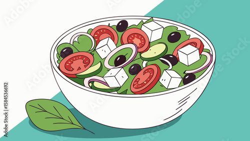 Illustration of a greek salad with tomatoes olives feta cheese and lettuce in a white bowl on table