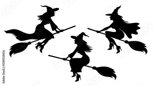 Set Of Flying Witch Silhouettes on Broomsticks