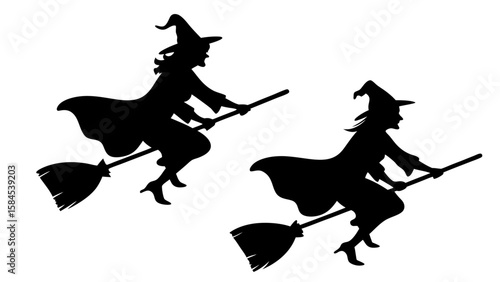 Set Of Flying Witch Silhouettes on Broomsticks