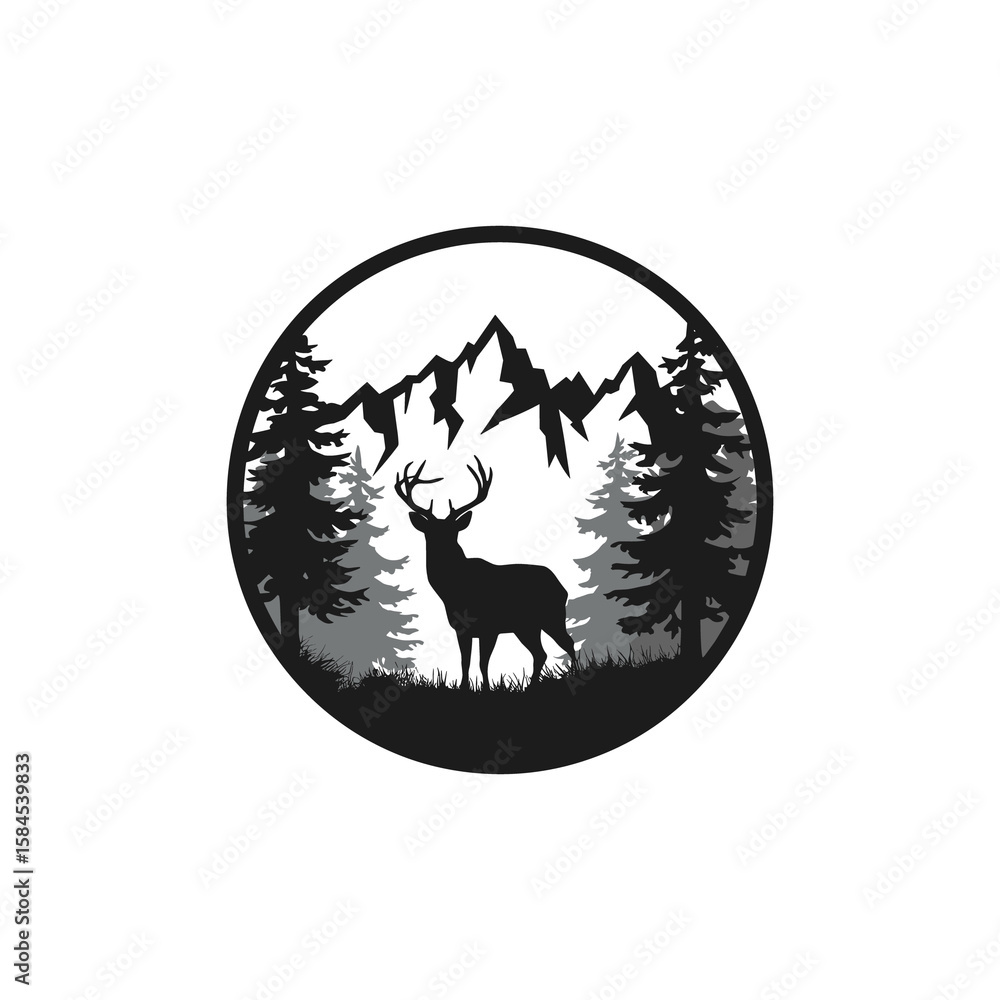 Fototapeta premium Wild Deer Silhouette with Mountain and Forest – Vintage Wildlife Nature Scene Logo