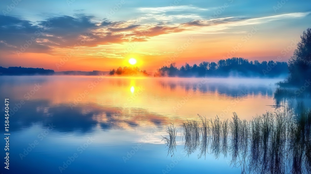 A serene lake with gentle fog rising off the water at sunrise A serene lake with gentle fog rising off the water at sunrise