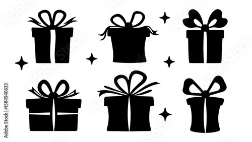  Gift boxes with ribbon icons Set. Gift box flat silhouette set.