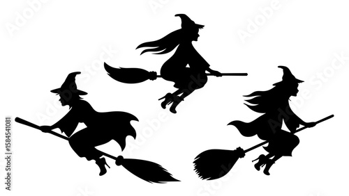 Set Of Flying Witch Silhouettes on Broomsticks