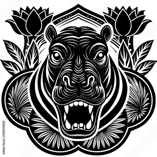 Black and white hippo graphic with water lilies provides a bold design element for logo creation and brand identity with detailed linework.
