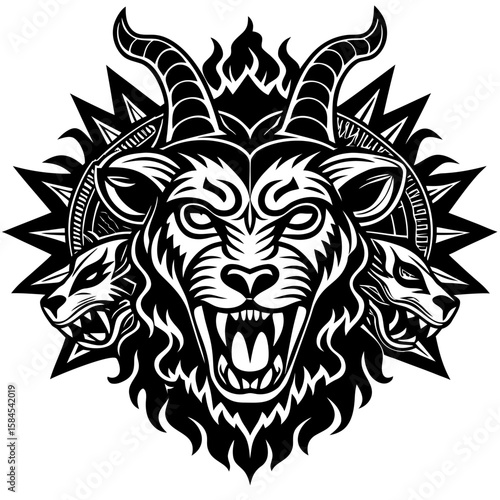 Bold black and white depiction of a fierce wolf pack with horns and flames, ideal for edgy design work.