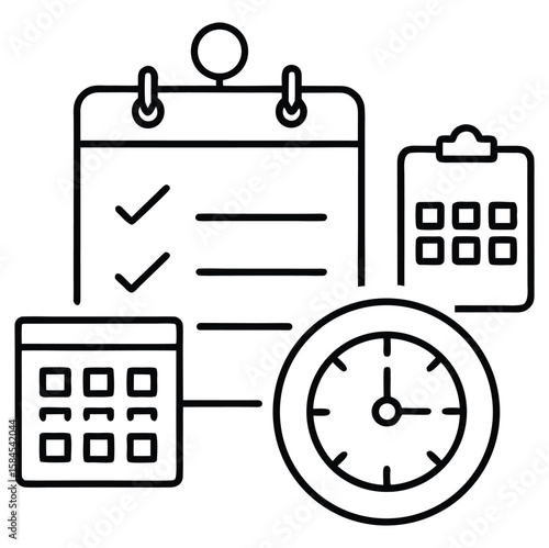 Time management icon set. Containing schedule, to-do list, task, manage time, planner, calendar, delegation, reminder, timer, set priorities and more. Solid vector icons collection