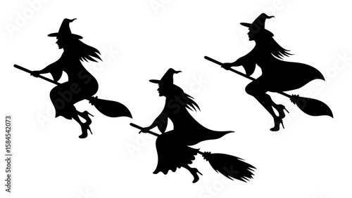Set Of Flying Witch Silhouettes on Broomsticks