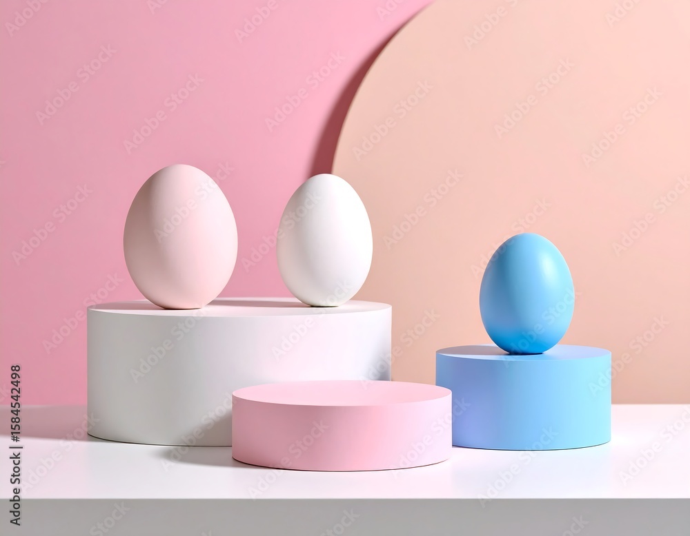 Fototapeta premium Pastel eggs on geometric podiums