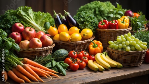 Fototapeta Naklejka Na Ścianę i Meble -  Abundant display of fresh fruits and vegetables in rustic baskets