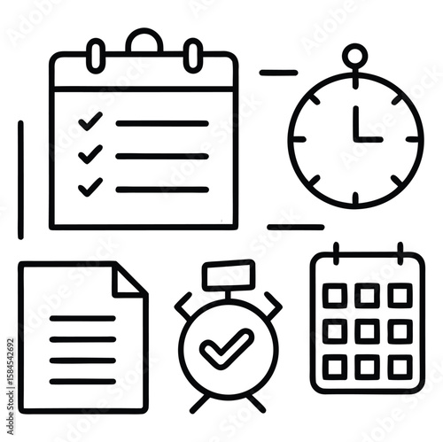 Time management icon set. Containing schedule, to-do list, task, manage time, planner, calendar, delegation, reminder, timer, set priorities and more. Solid vector icons collection