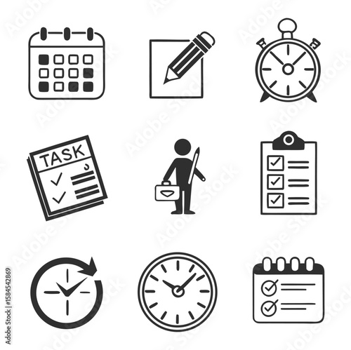 Time management icon set. Containing schedule, to-do list, task, manage time, planner, calendar, delegation, reminder, timer, set priorities and more. Solid vector icons collection