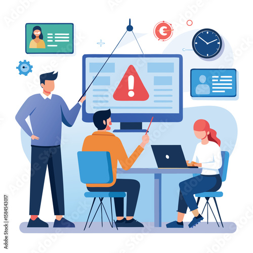 Illustration of a team reviewing an alert on a computer screen using ai generated art