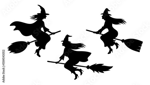 Set Of Flying Witch Silhouettes on Broomsticks
