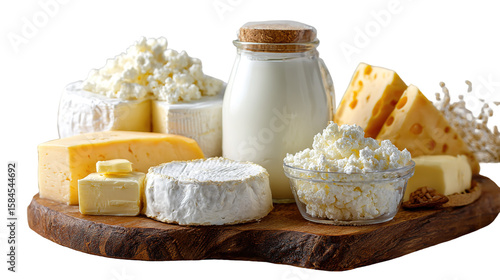 Assortment of most common dairy products on white backdrop
