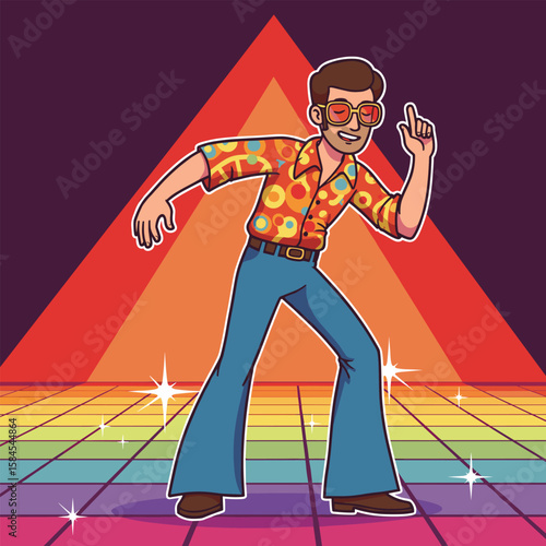 Cartoon disco dancer in a colorful retro outfit performing on a vibrant checkered dance floor with geometric shapes in the background.