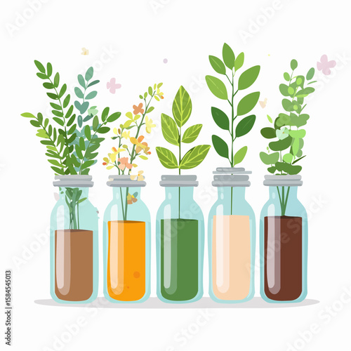 Collection of Herbs and Spices in Apothecary Bottles