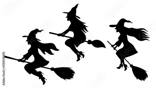 Set Of Flying Witch Silhouettes on Broomsticks