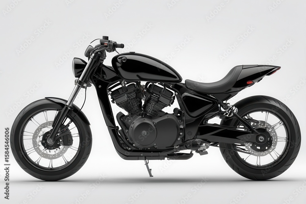 Sleek, all-black motorcycle on a clean white background. Side view highlighting its classic design. Sleek, all-black motorcycle on a clean white background. Side view highlighting its classic design.
