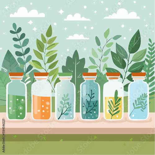 Collection of Herbs and Spices in Apothecary Bottles