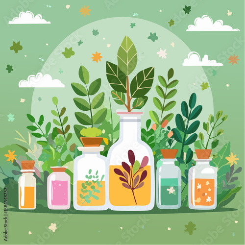 Collection of Herbs and Spices in Apothecary Bottles