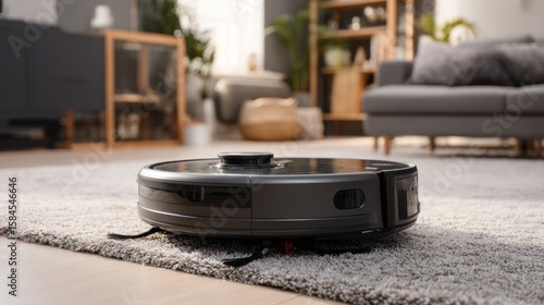 A sleek robot vacuum cleaner efficiently cleans a modern living room carpet, showcasing smart home technology and automated cleaning solutions for a tidy and comfortable home.