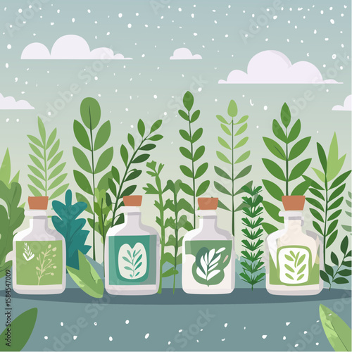 Collection of Herbs and Spices in Apothecary Bottles