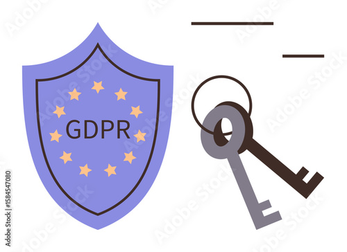 Shield marked GDPR with European stars highlights compliance and security. Two keys symbolize access and control. Ideal for privacy law, cybersecurity, EU regulations, trust, encryption, safety