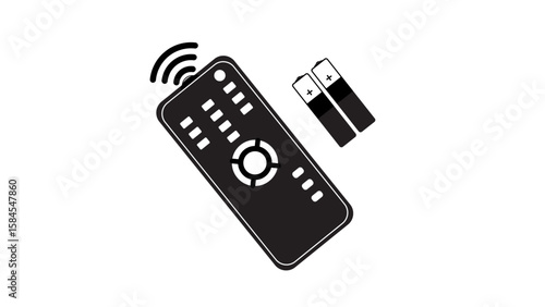 Black and white vector illustration of a television or electronic remote control emitting signal waves, accompanied by two AA batteries.