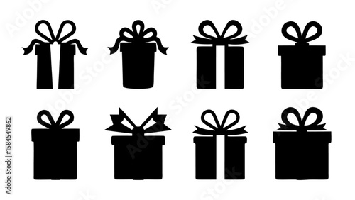  Gift boxes with ribbon icons Set. Gift box flat silhouette set.