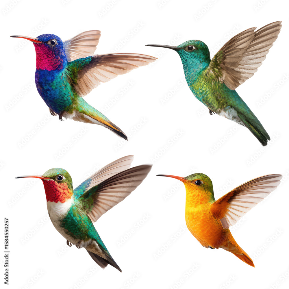 Obraz premium Vibrant Hummingbirds in Flight: A Colorful Quartet of Nature's Jewels