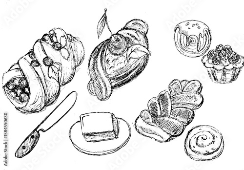 Assorted pastries and desserts illustrated with a sketch effect  