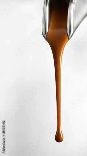 Close-up of fresh espresso pouring from coffee machine spout with copy space for coffee shop or business