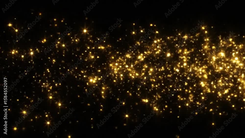 golden stars and bokeh lights sparkle glitters light trail alpha channel loop 4k animation, shiny glowing gold particles on transparent background.