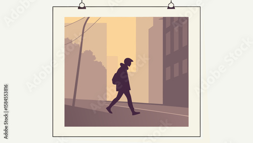 Silhouette of a person walking across a street in a city hanging as a framed picture on a wall