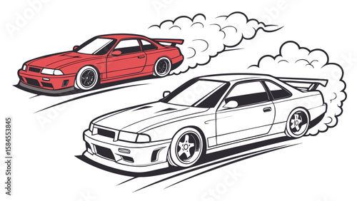Illustration of two cars drifting with smoke one red and one outlined in black and white style