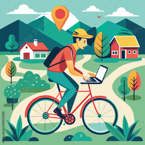 Man cycling with laptop in scenic countryside remote work