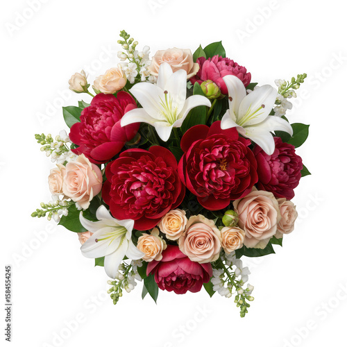 An elegant bouquet of lilies, roses, and peonies in soft colors isolated on transparent background