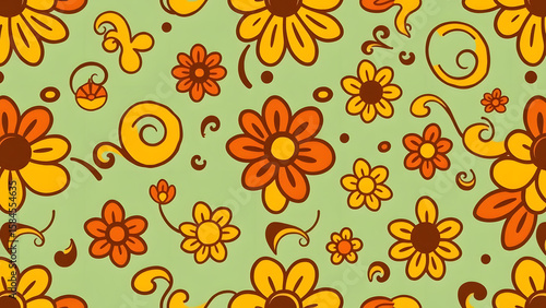 Wallpaper Mural Seamless retro 60s floral pattern with vibrant orange and yellow flowers on a light green background, perfect for design projects. Torontodigital.ca