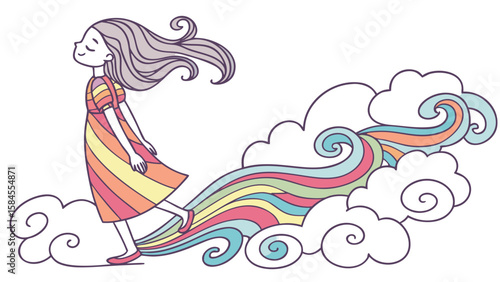 Girl in striped dress walking on clouds with rainbow trail flowing behind her in a whimsical style