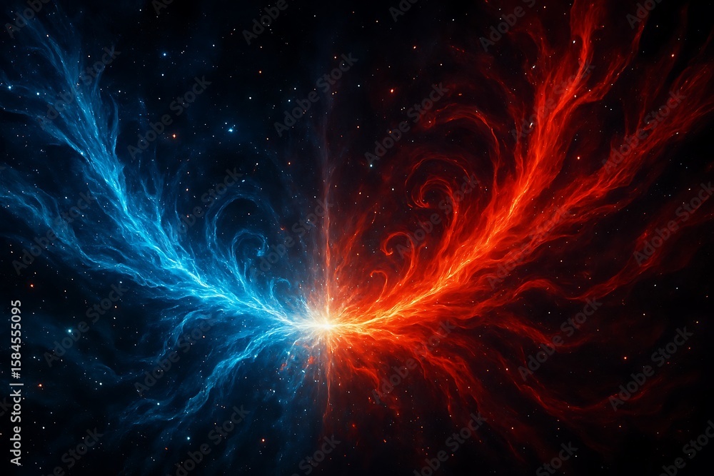 Obraz premium A mesmerizing cosmic dance of blue and red nebula clouds converging at a luminous center point.