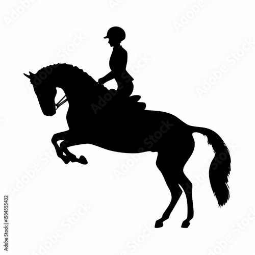 Equestrian silhouette illustration of a horse and rider jumping high