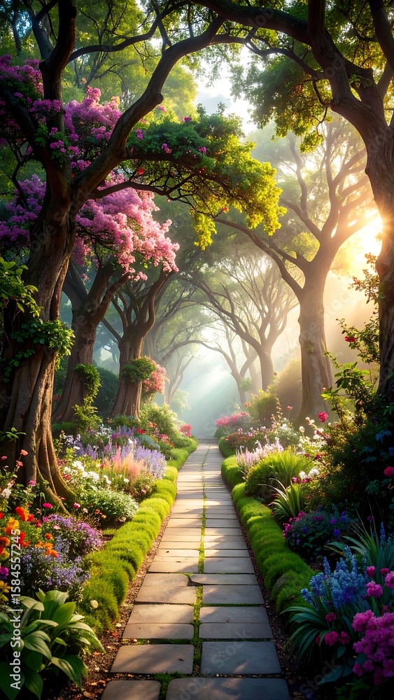 Obraz premium Sunlit path through vibrant garden