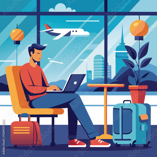 Man working on laptop in airport lounge with luggage travel waiting
