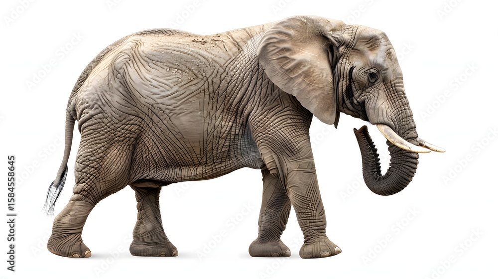 Fototapeta premium Large Gray Elephant Walking in White Background with Trunk Up in Natural Posture