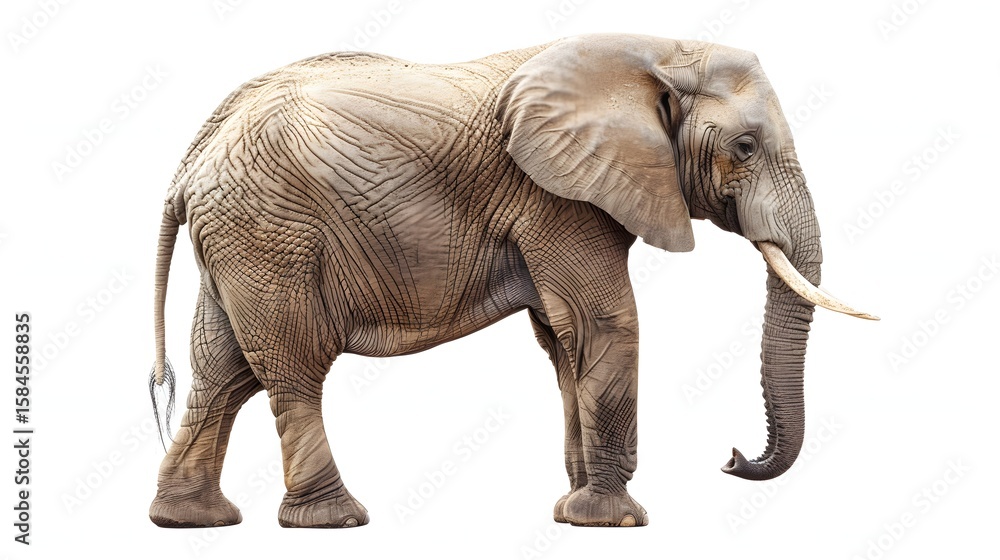 Fototapeta premium Realistic Gray Elephant Standing in Profile Isolated on White Background
