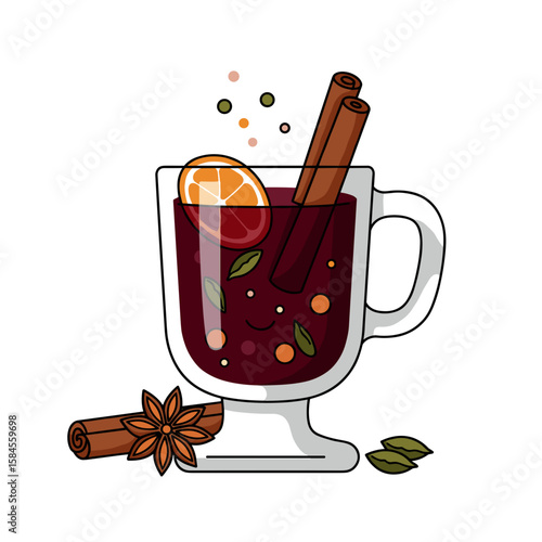 Mulled wine with spices and citrus in clear glass cup  