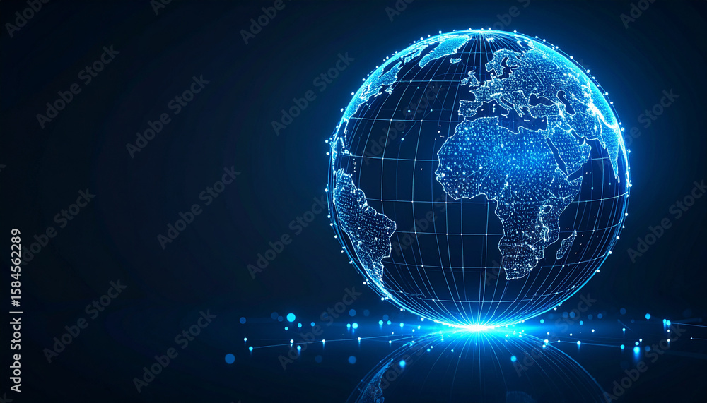 Digital glowing wireframe globe with illuminated continents and network points over dark background, symbolizing global connection and technology in clean futuristic style Digital glowing wireframe globe with illuminated continents and network points over dark background, symbolizing global connection and technology in clean futuristic style