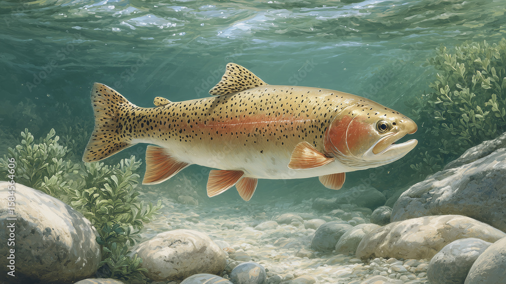 Naklejka premium Watercolor Painting of Rainbow Trout in Mountain Stream Habitat
