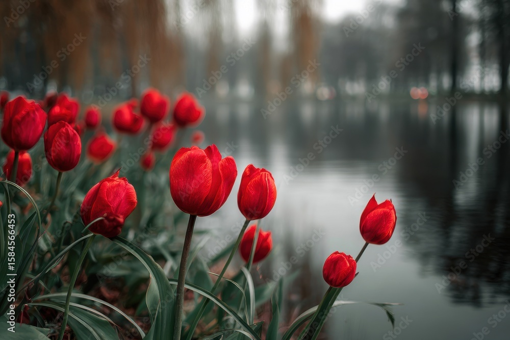 Obraz premium Vivid red tulips by the pond in the park