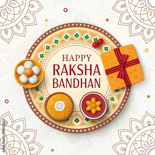 Raksha Bandhan Celebration: Festive arrangement with decorative elements, presents, sweets and design for the Indian holiday Raksha Bandhan. 